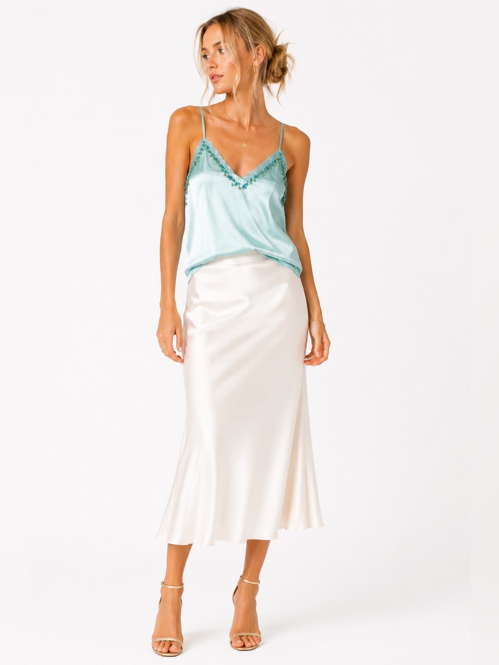 Gold Hawk Tiffany Blue Beaded Silk Cami Size L NWT